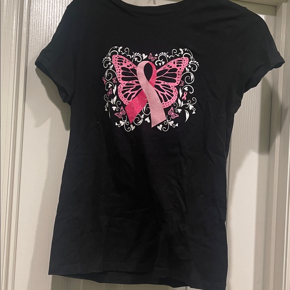 Black T-Shirt with Pink Butterfly Ribbon Design